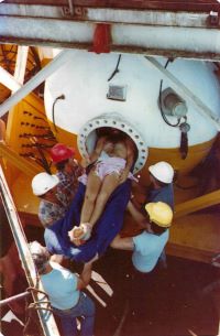 Charles emerging from Decompression chamber after 10 days. 